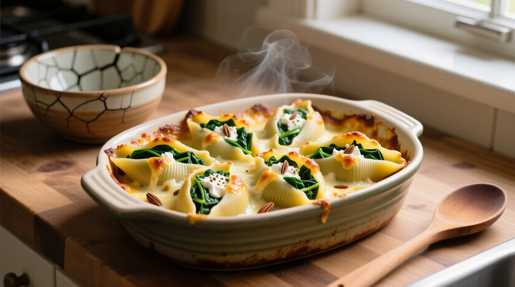 Spinach stuffed shells in baking dish