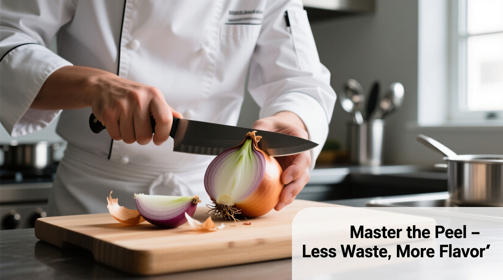 Chef demonstrating proper onion peeling technique with minimal waste