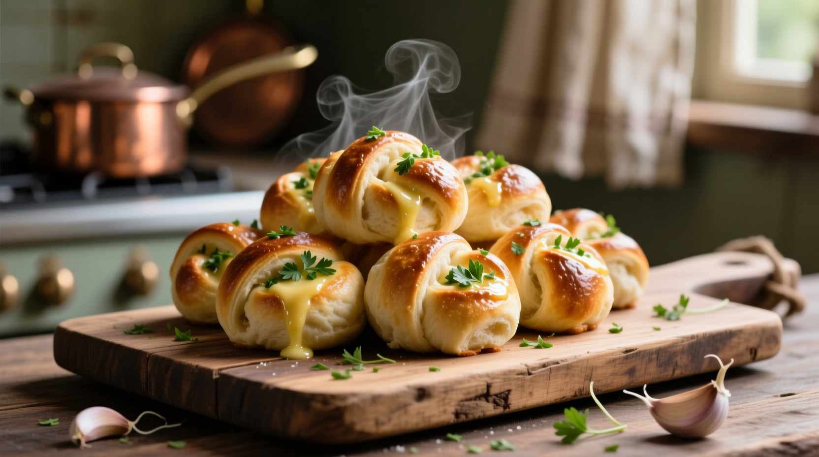 Freshly baked garlic knots on a wooden board