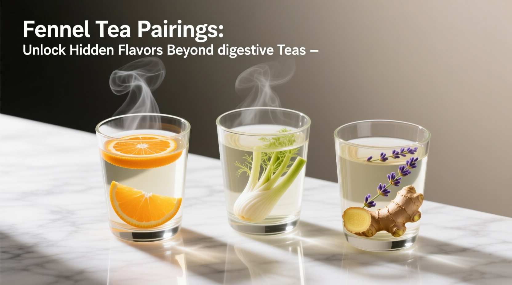 Three clear glasses showing fennel tea with orange peel, ginger slices, and lavender buds