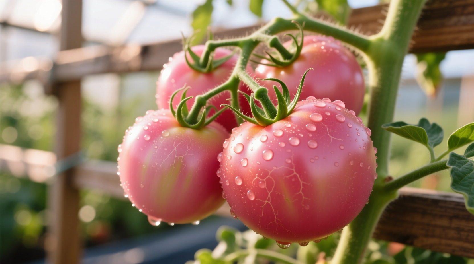 Ripe Momotaro tomatoes on vine with characteristic pink hue