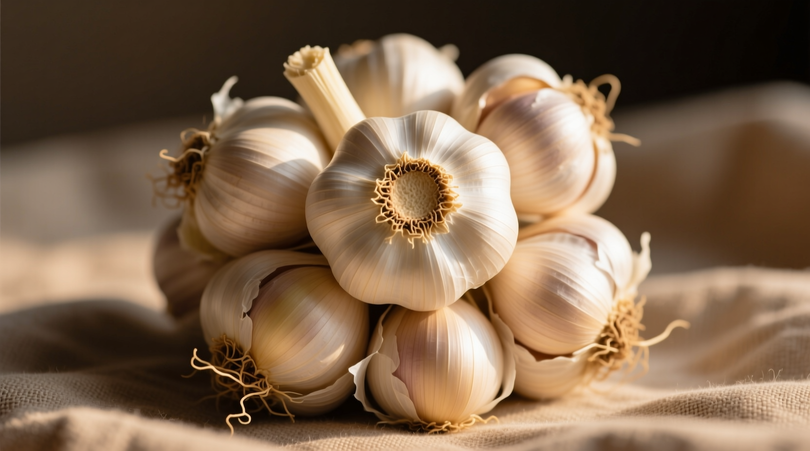 Fresh garlic heads with papery skin