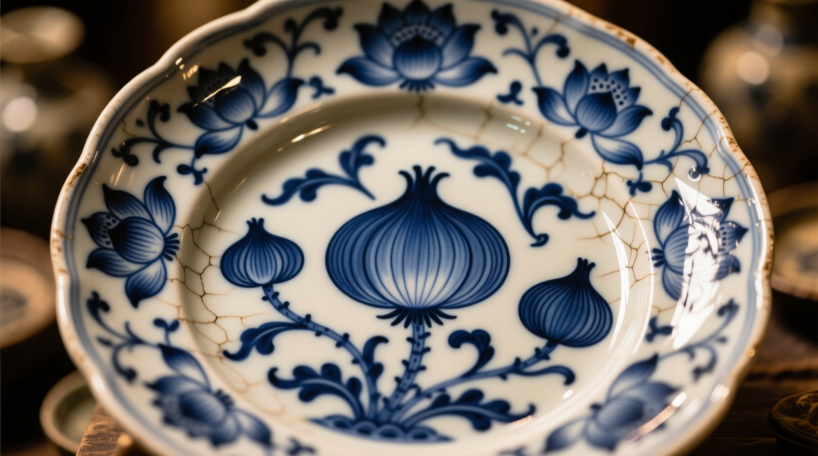 Vintage blue onion pattern porcelain plate detail