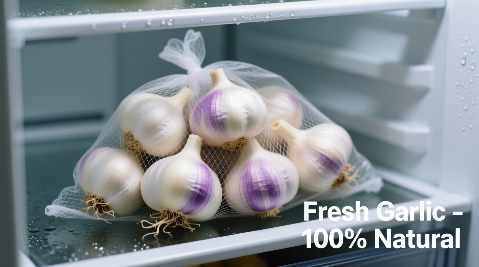 Fresh garlic bulbs stored in mesh bag in refrigerator