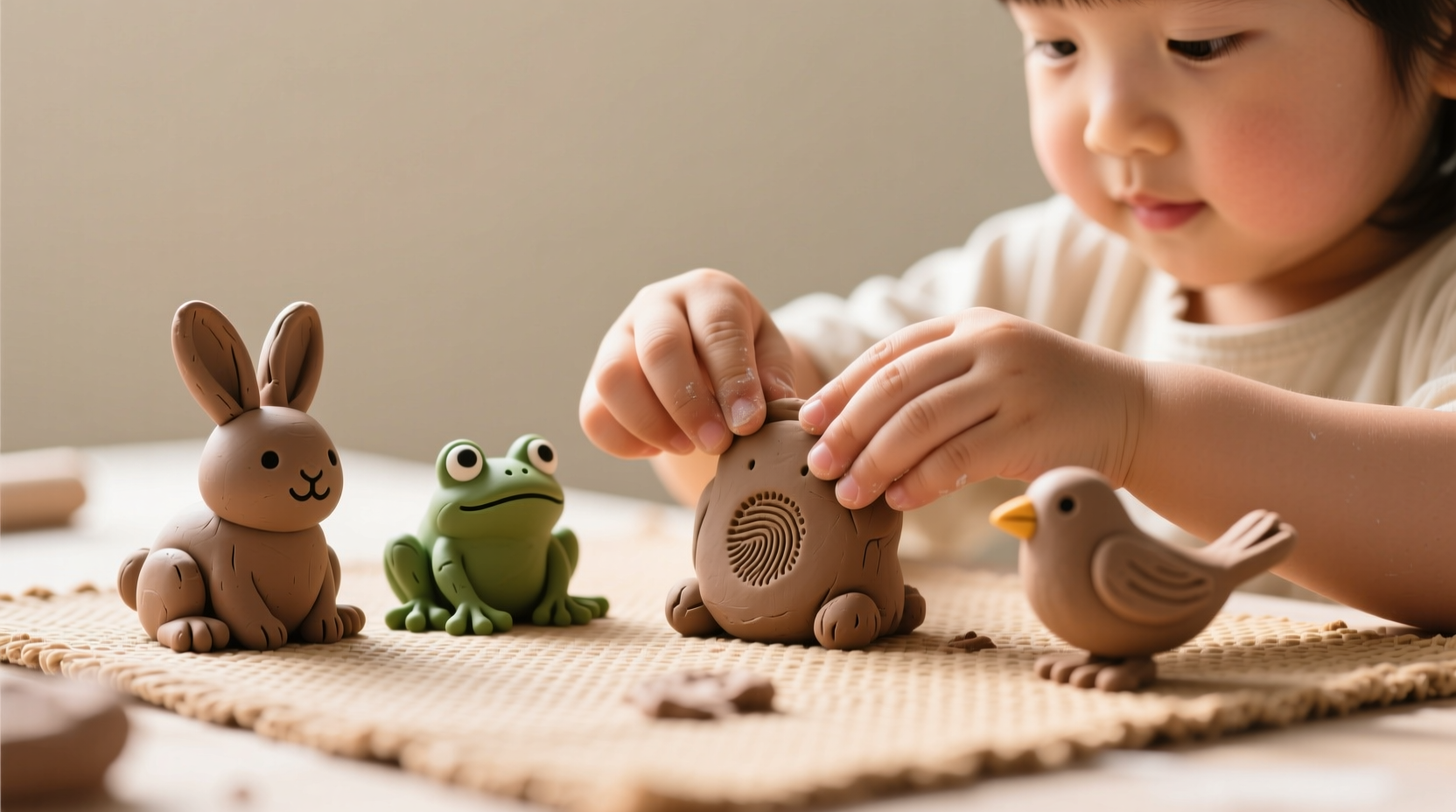 Child's hands molding clay into animal shapes on craft mat