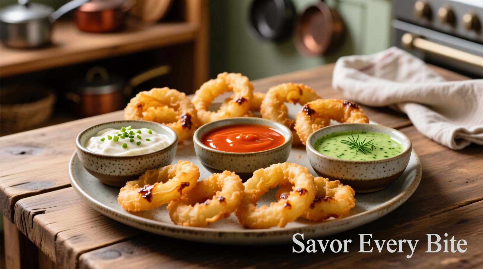 Three dipping sauces for crispy onion rings