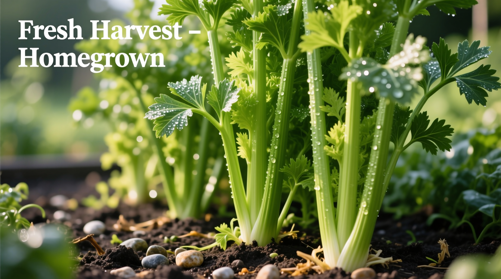 Close-up of healthy celery plants in garden bed
