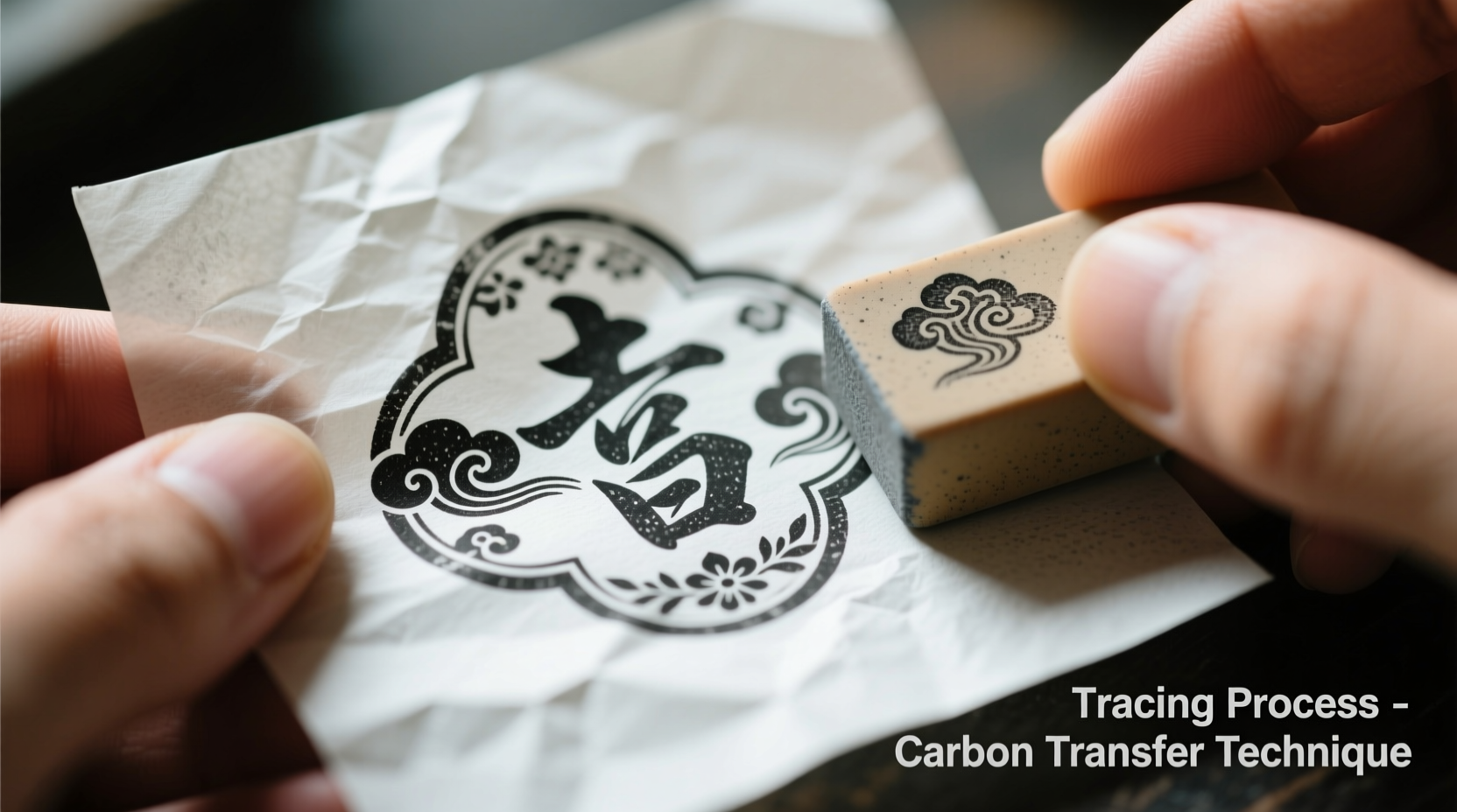 Tracing stamp design onto rubber eraser with carbon paper