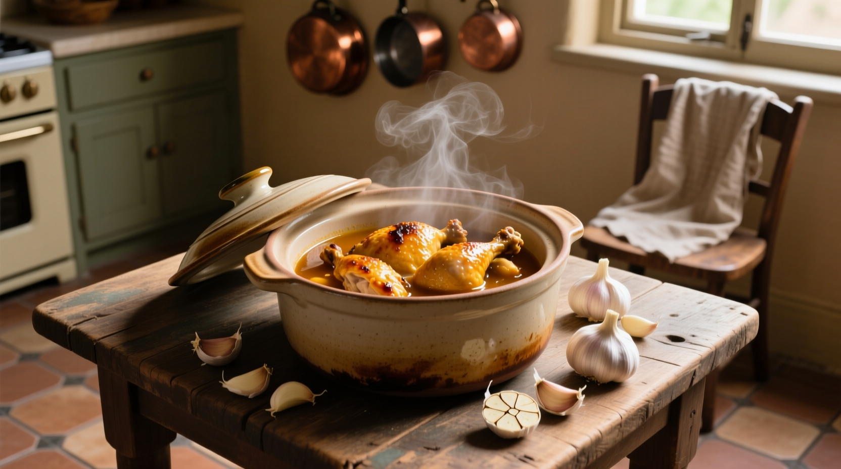 Slow cooker filled with golden chicken pieces and garlic cloves