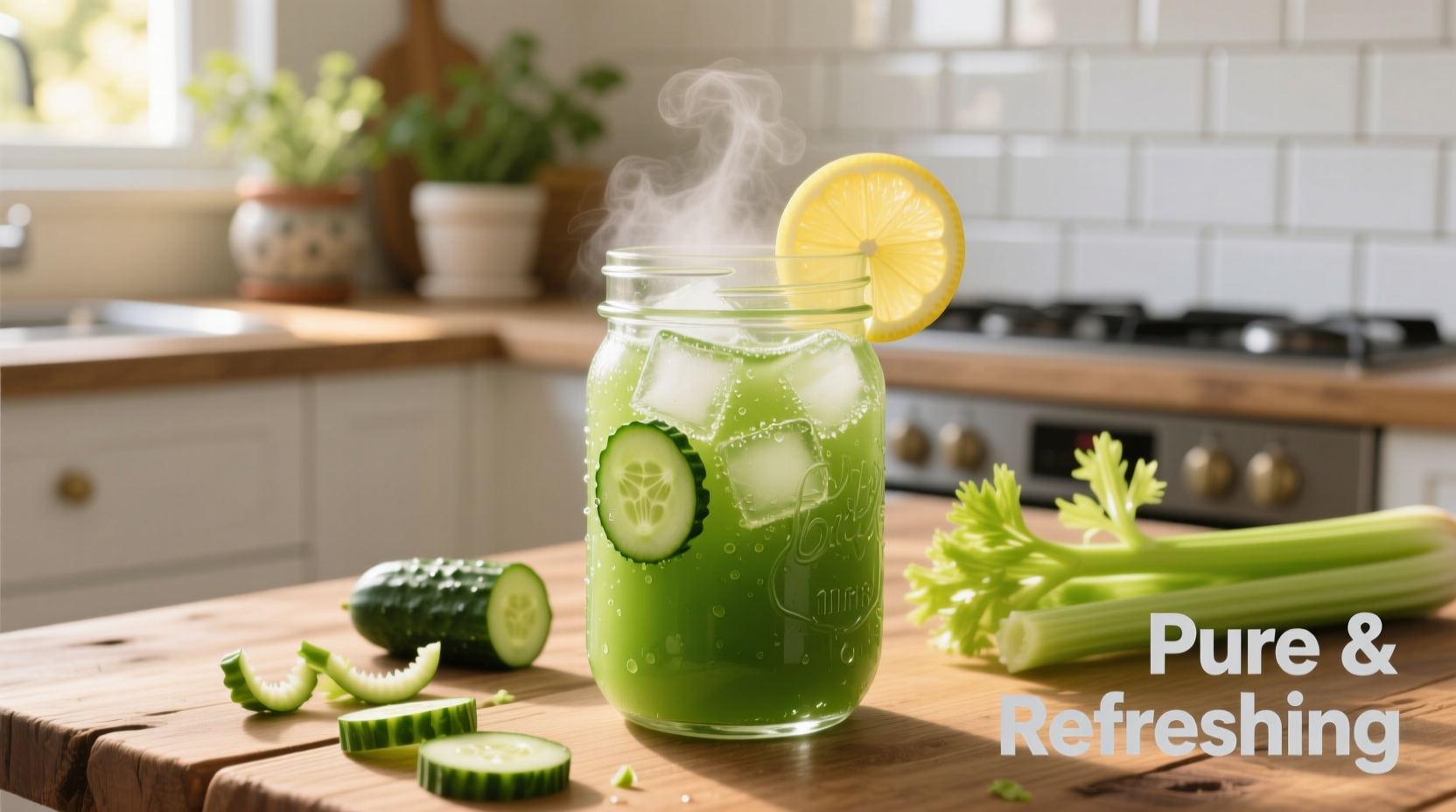 Fresh cucumber and celery juice in glass