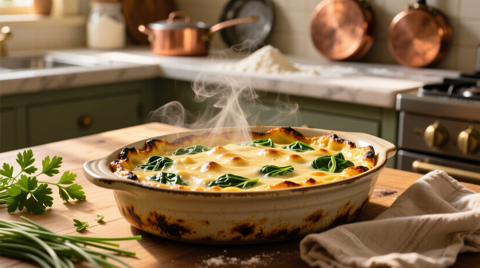 Golden creamed spinach casserole fresh from oven