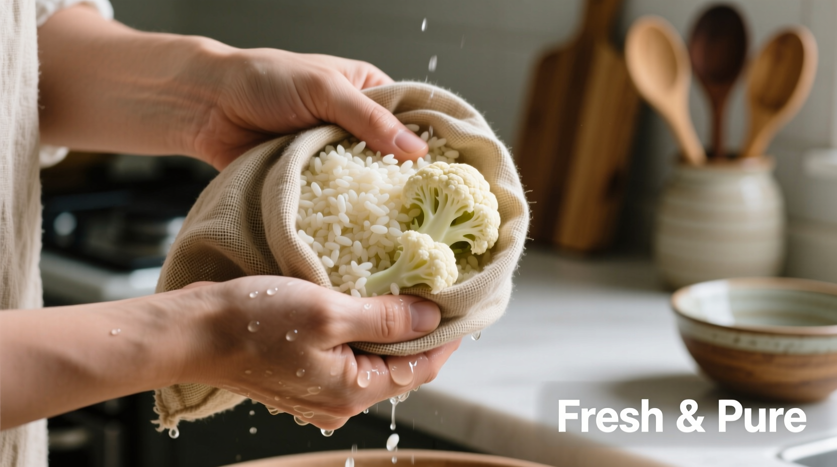 Cauliflower rice in muslin cloth being squeezed
