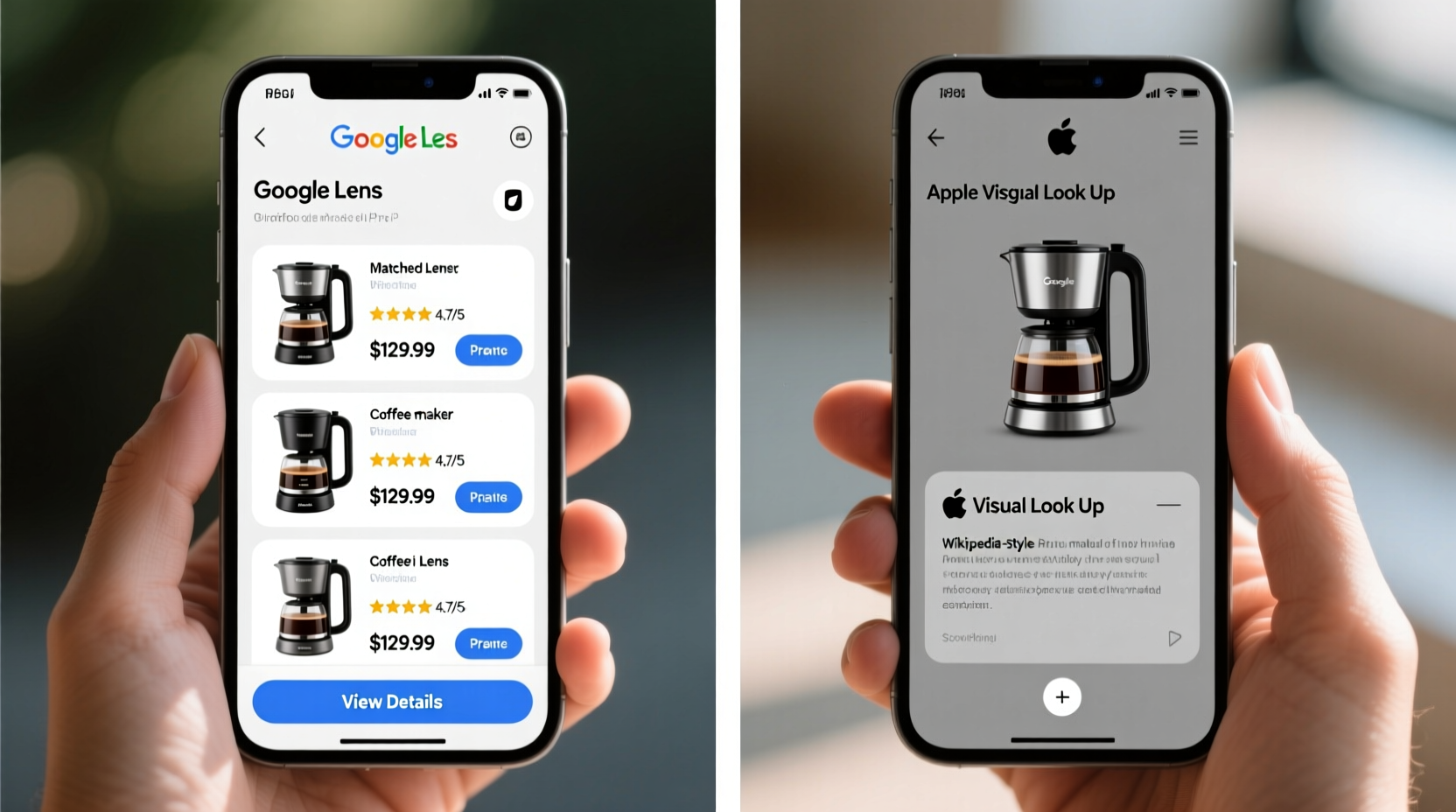 Side-by-side mobile interface showing Google Lens returning three matched products with prices, ratings, and 'View details' buttons, next to Apple Visual Look Up displaying only a Wikipedia summary of a coffee maker brand