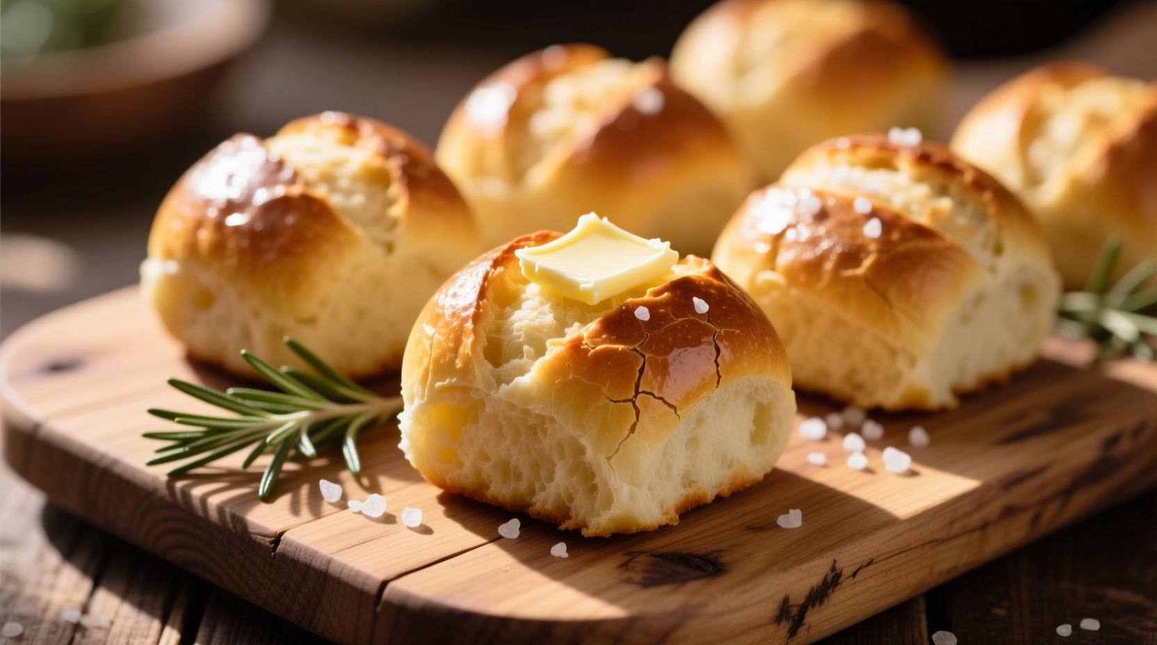Freshly baked golden potato bread rolls on wooden board