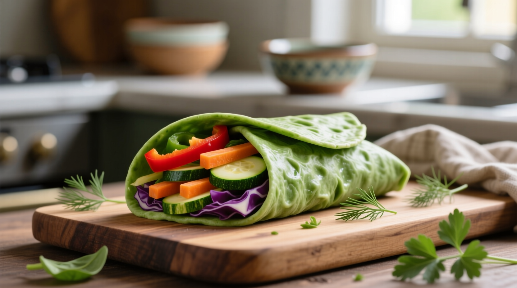 Fresh gluten free spinach wraps with colorful vegetable fillings