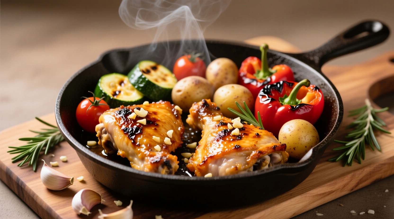 Crispy garlic chicken thighs with roasted vegetables