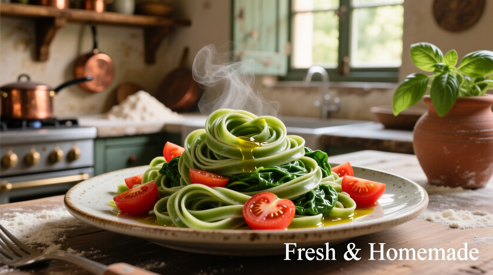 Fresh pasta with vibrant spinach and tomatoes