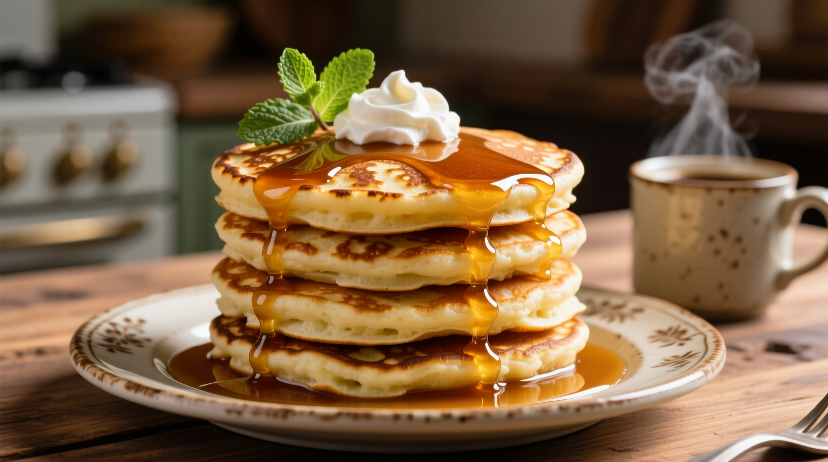 Golden instant mashed potato pancakes with maple syrup