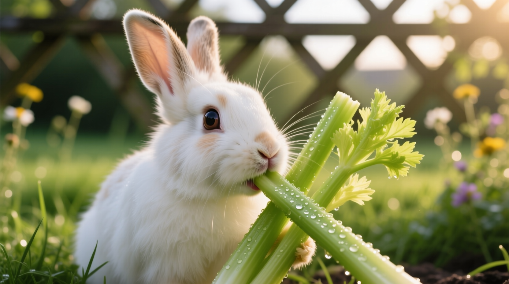 Rabbit carefully eating washed celery sticks
