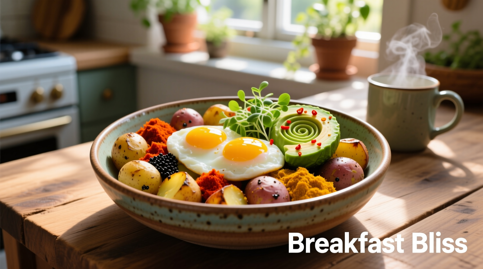 Colorful potato breakfast bowl with eggs and avocado
