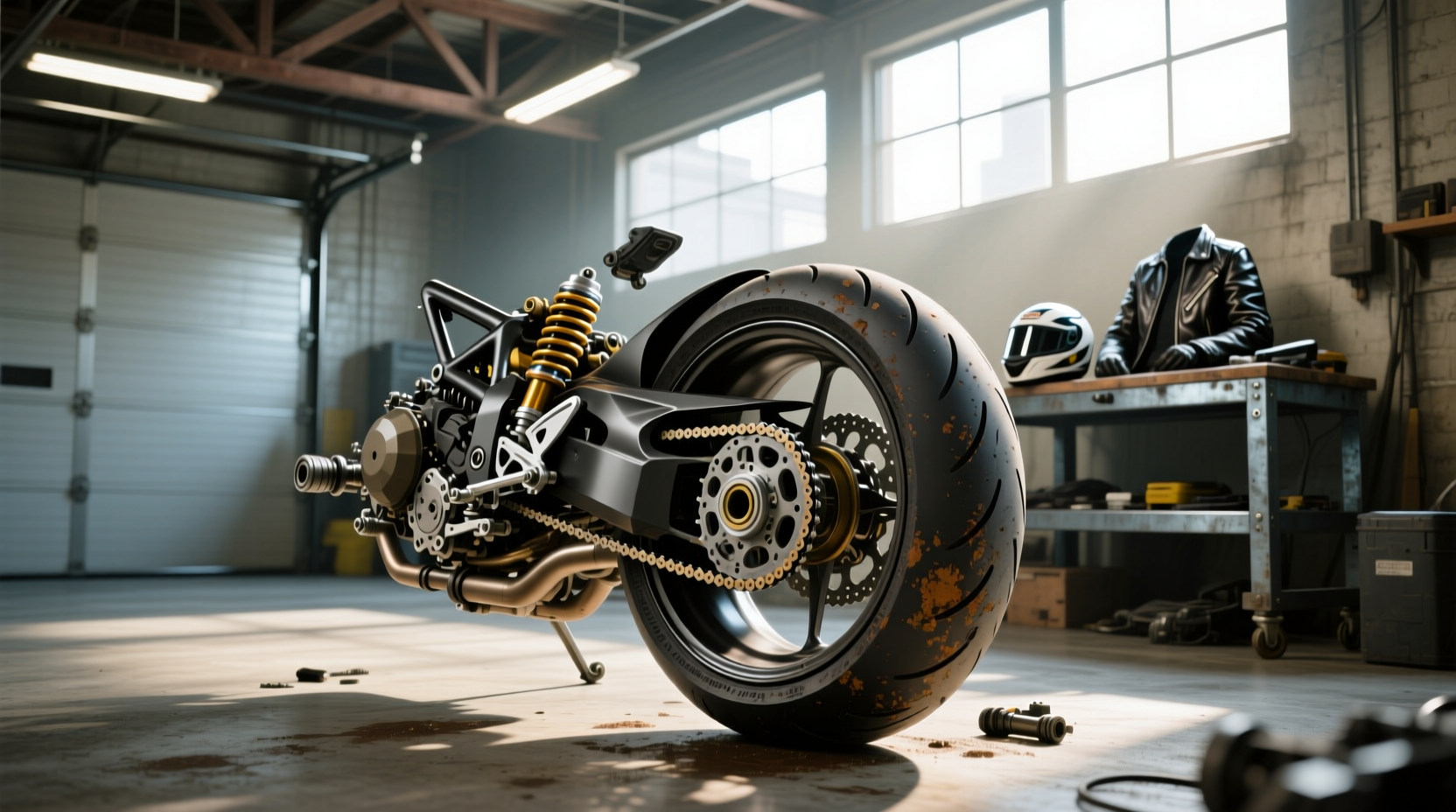 Illustration showing parts of a rear wheel motorcycle