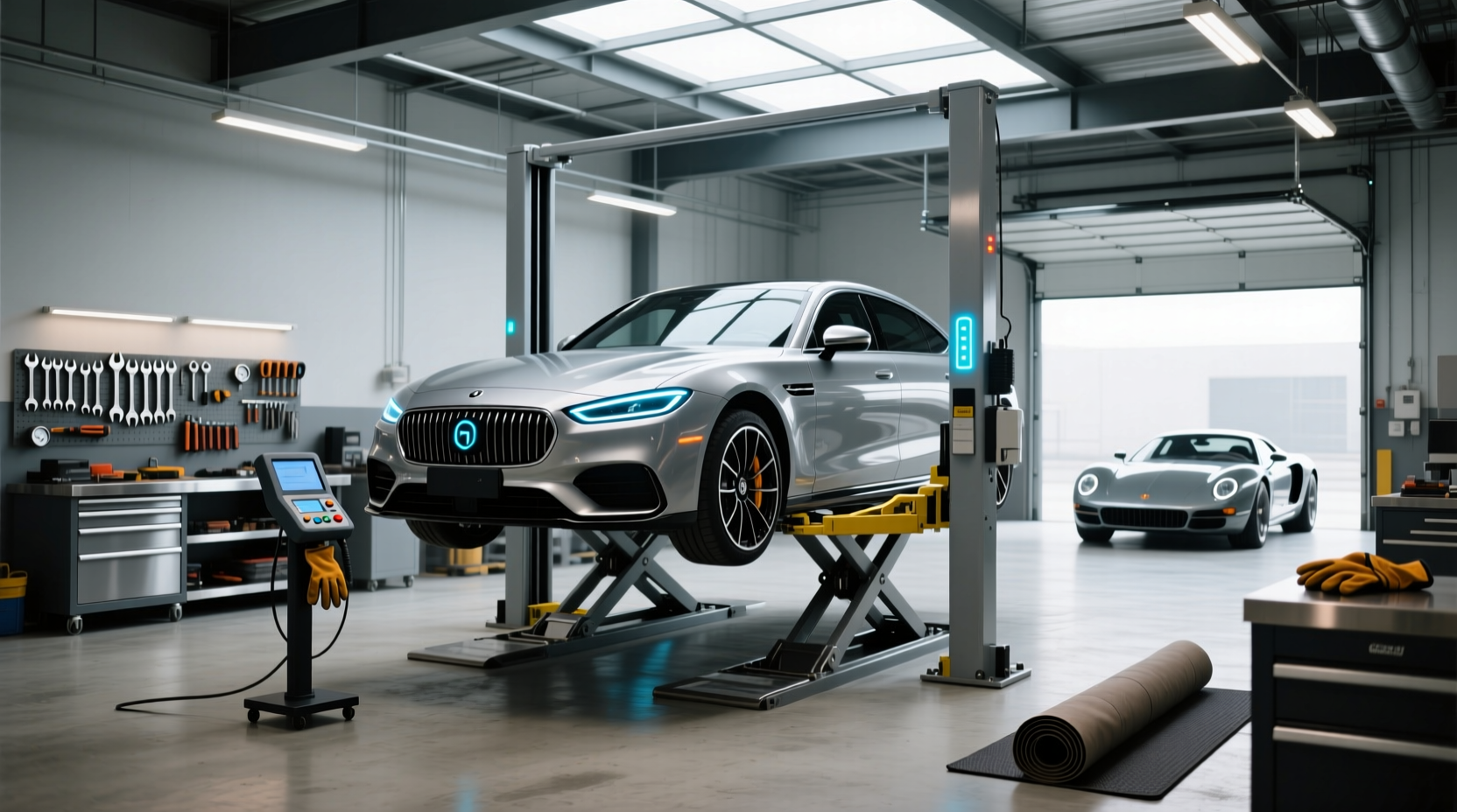 QuickJack portable lift system raising an SUV off the ground in a residential garage