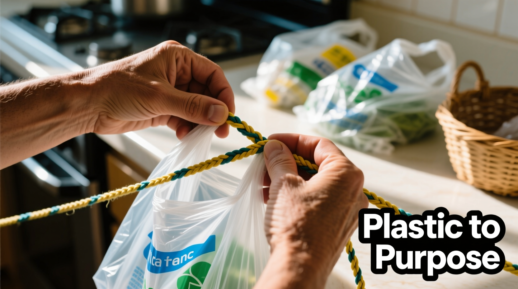 Close-up of hands weaving plastic grocery bags into durable fabric strips
