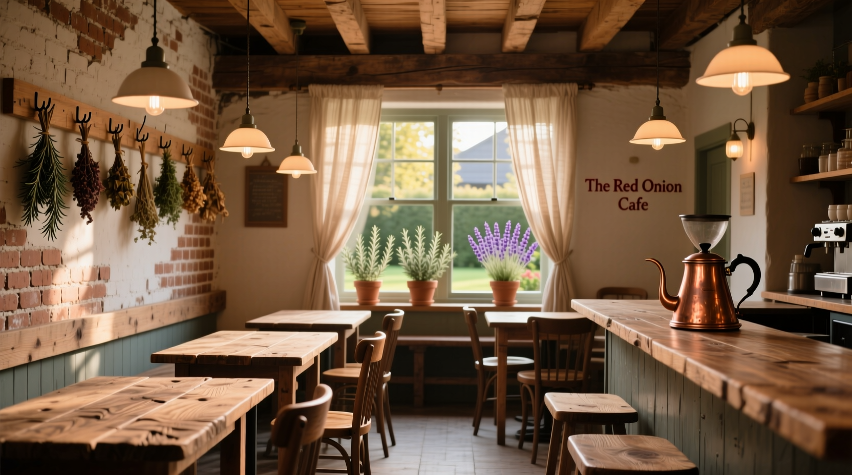 The Red Onion Cafe interior with rustic wooden tables