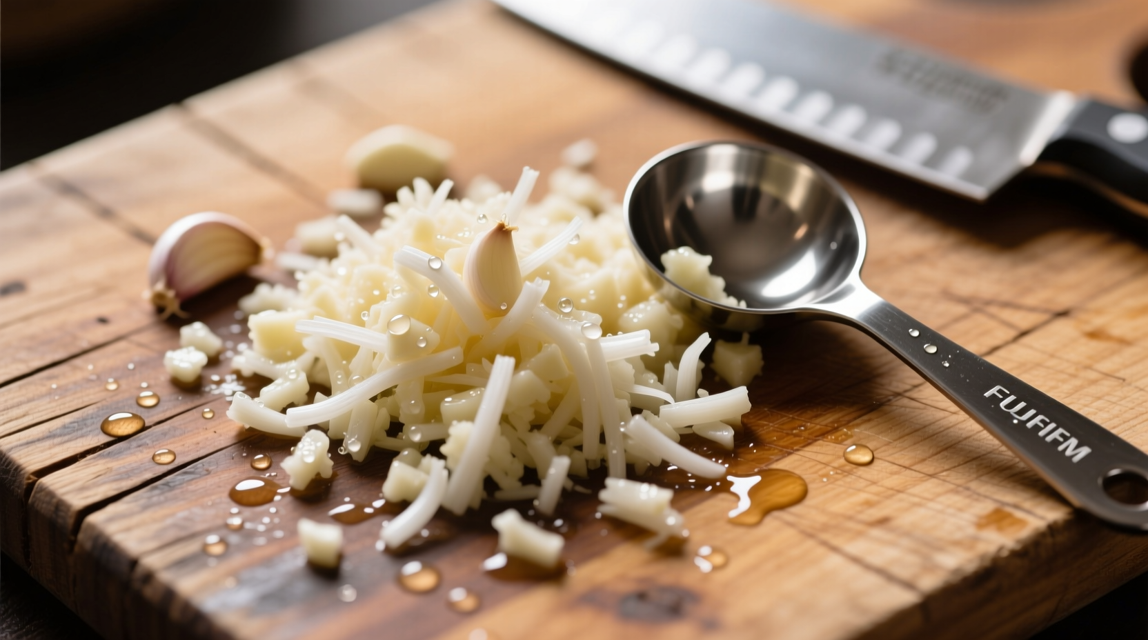 Fresh minced garlic with measuring spoon on wooden board