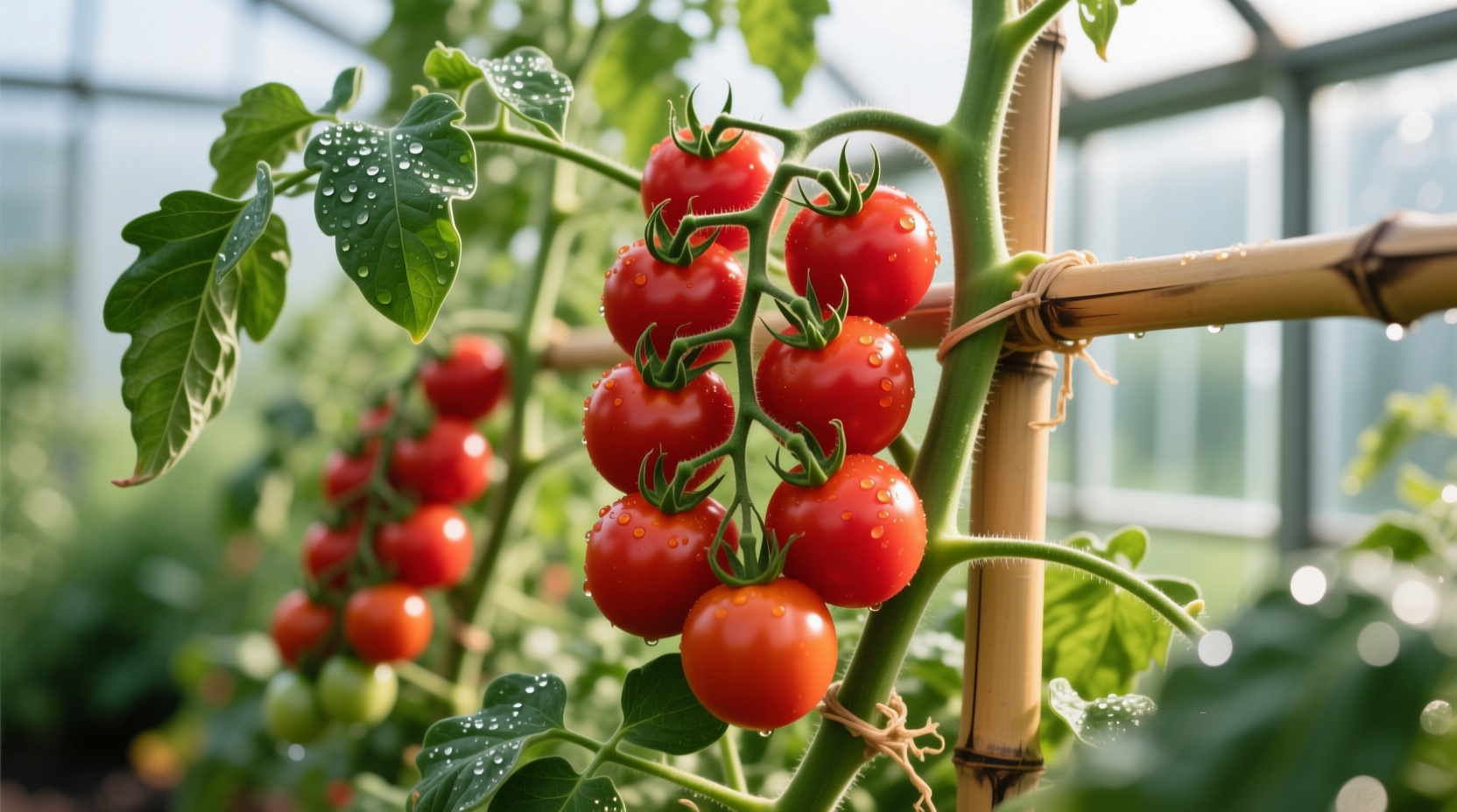 Healthy indeterminate tomato vine with red fruits