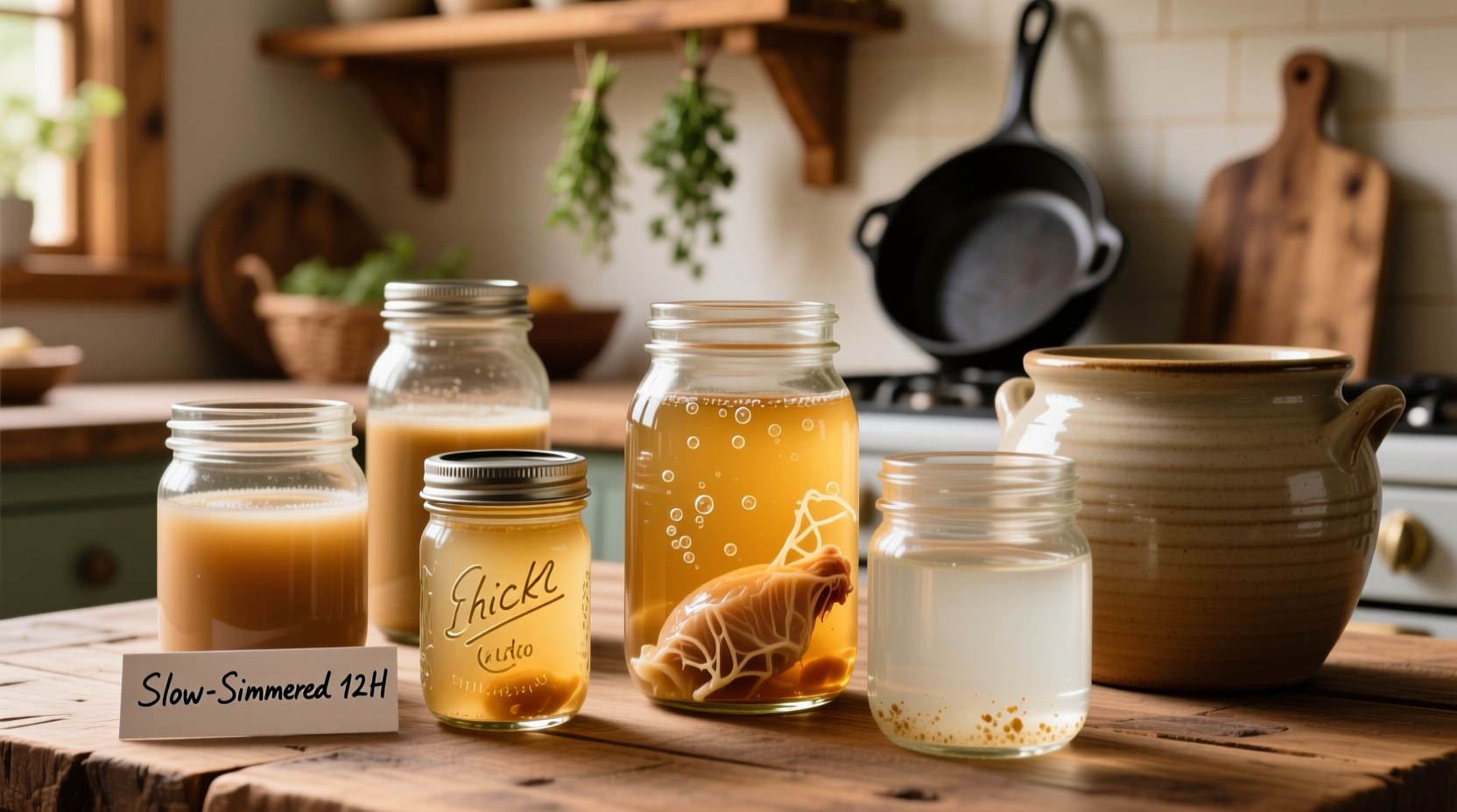 Various containers of homemade chicken stock showing different consistencies