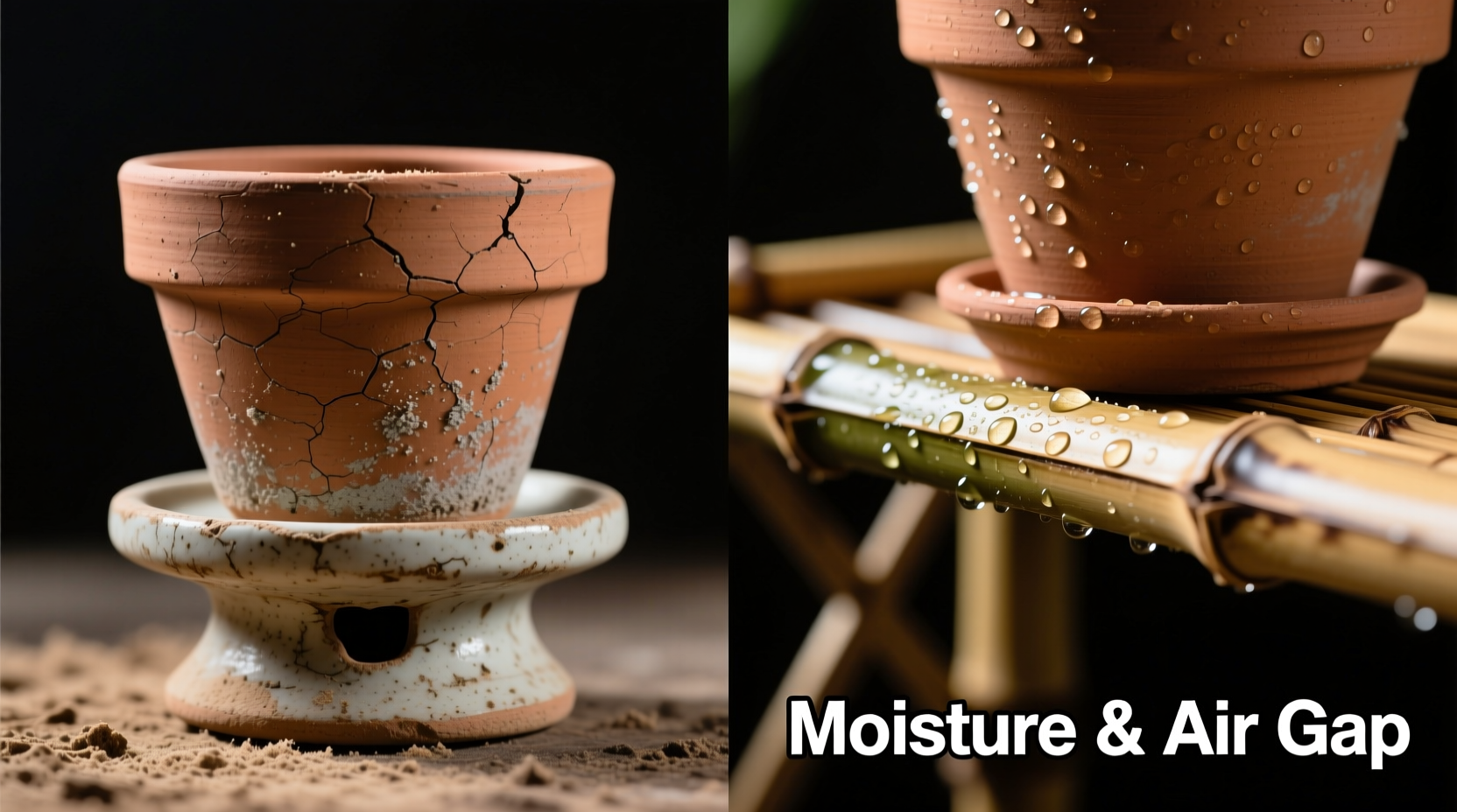 Side-by-side macro photo: left shows ceramic stand with visible air gap and dry terracotta pot base; right shows bamboo shelf with damp residue along joist edges and condensation droplets beneath identical pot