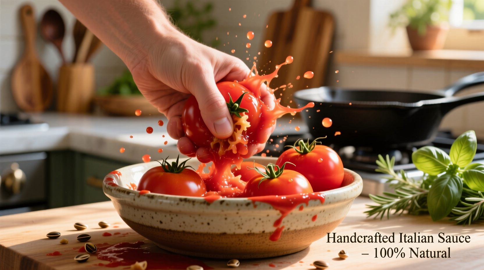 Fresh tomatoes being hand-crushed into Italian sauce