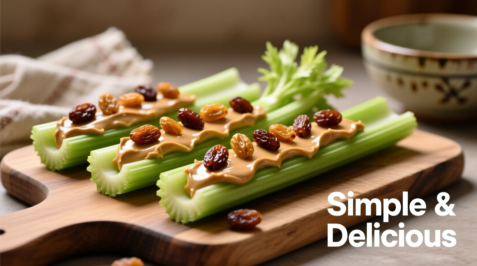 Fresh celery sticks filled with natural peanut butter and topped with raisins