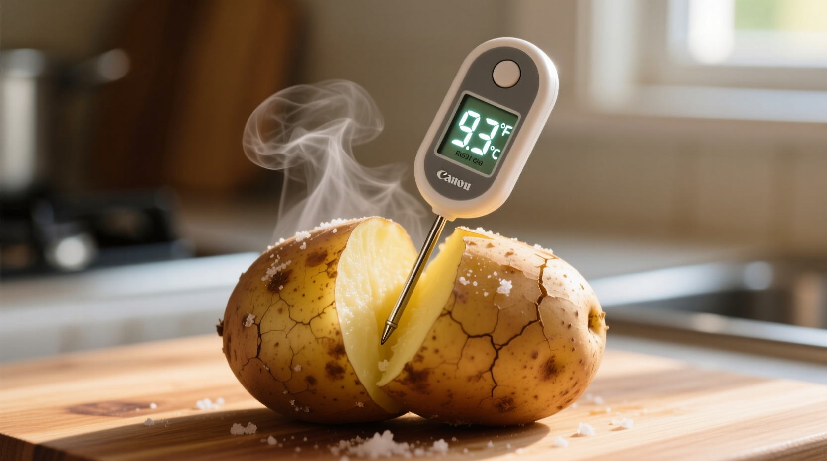 Digital thermometer showing perfect potato internal temperature