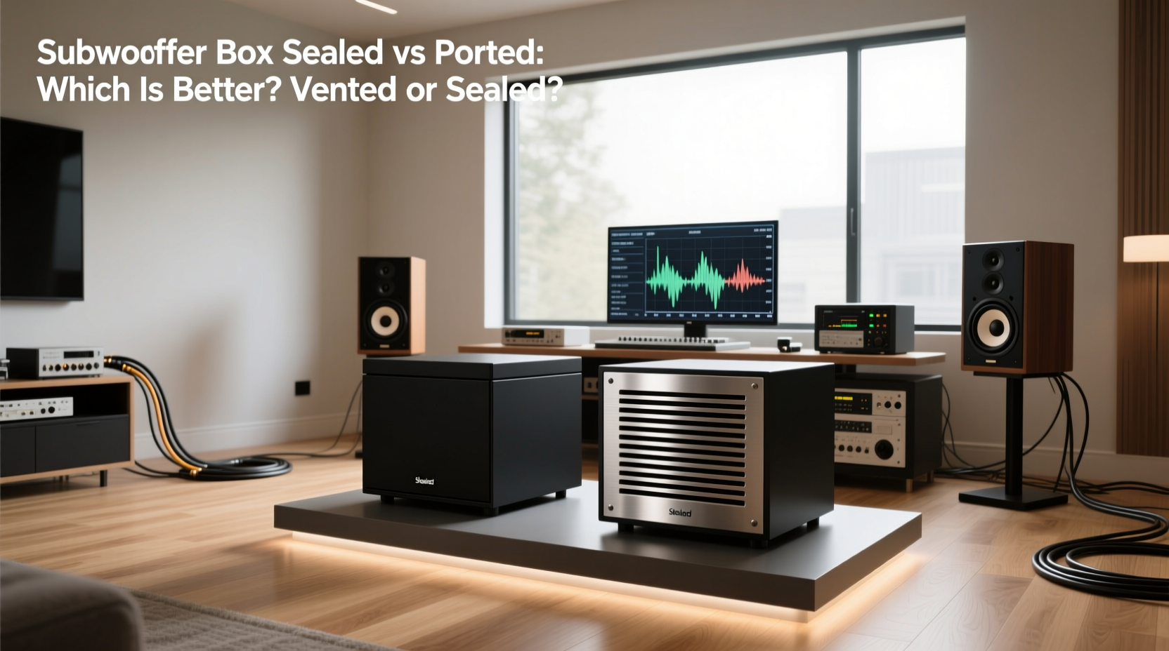 Side-by-side comparison of sealed and ported subwoofer boxes showing internal structure