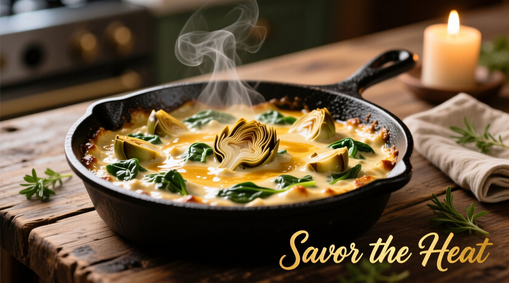 Golden hot artichoke spinach dip bubbling in cast iron