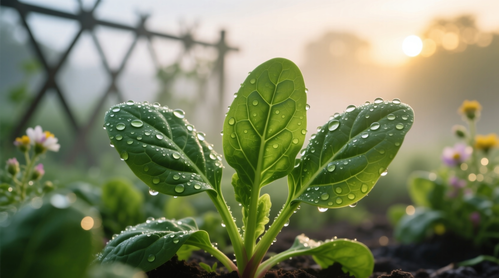 Fresh spinach leaves with dew drops on morning garden
