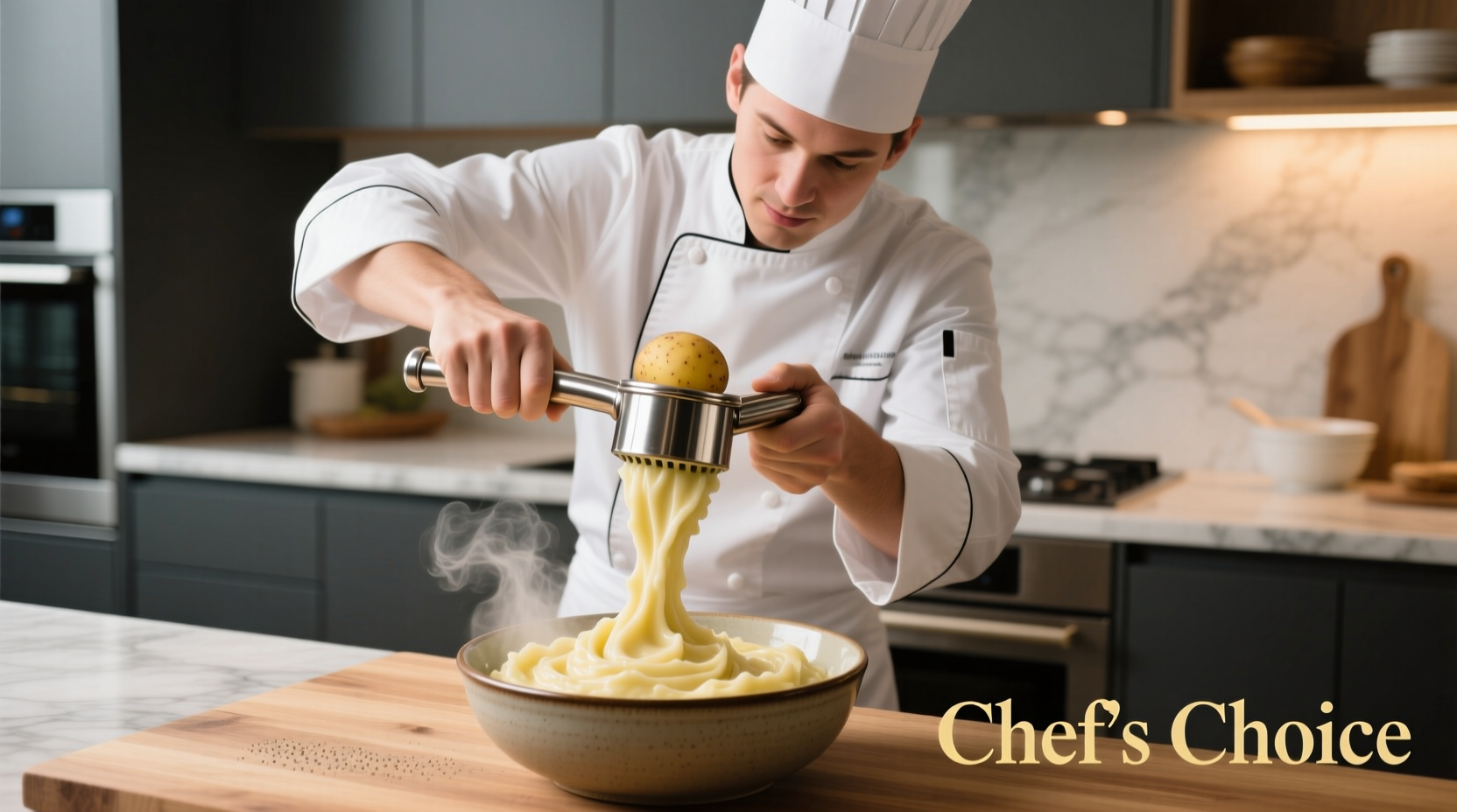 Professional chef using potato squeezer for smooth mashed potatoes