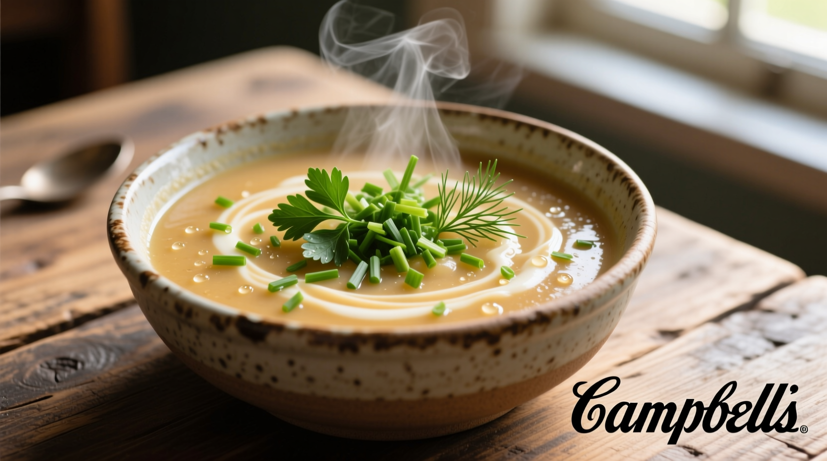 Campbell's potato soup in a bowl with fresh herbs