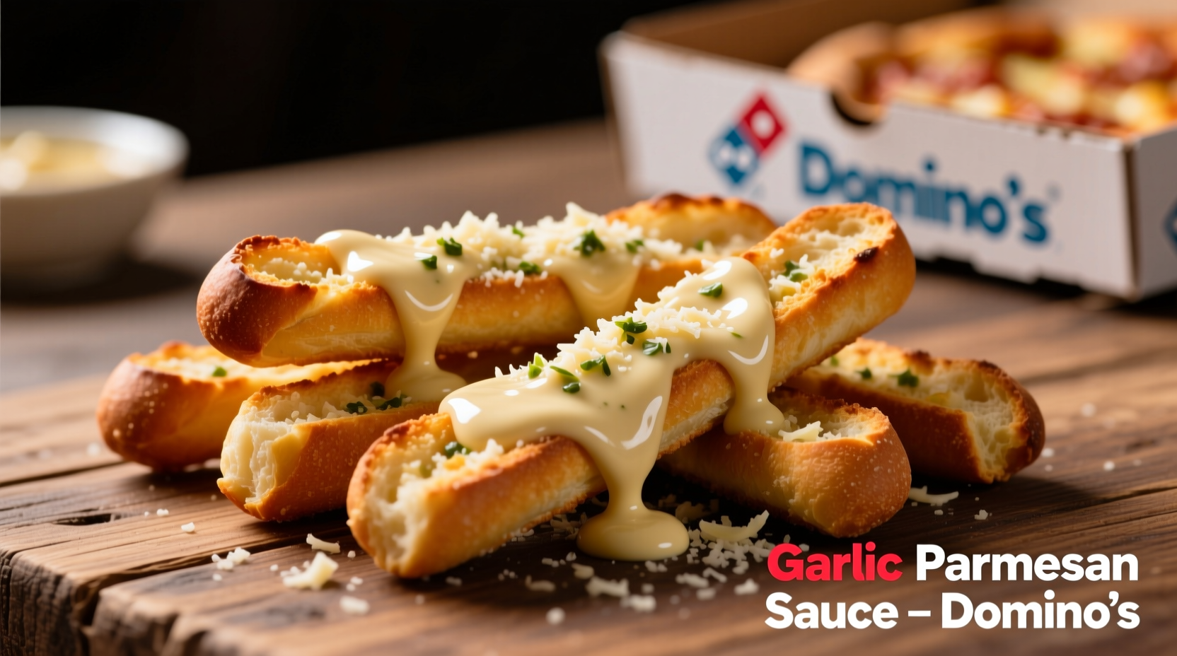 Domino's garlic parmesan sauce served with breadsticks