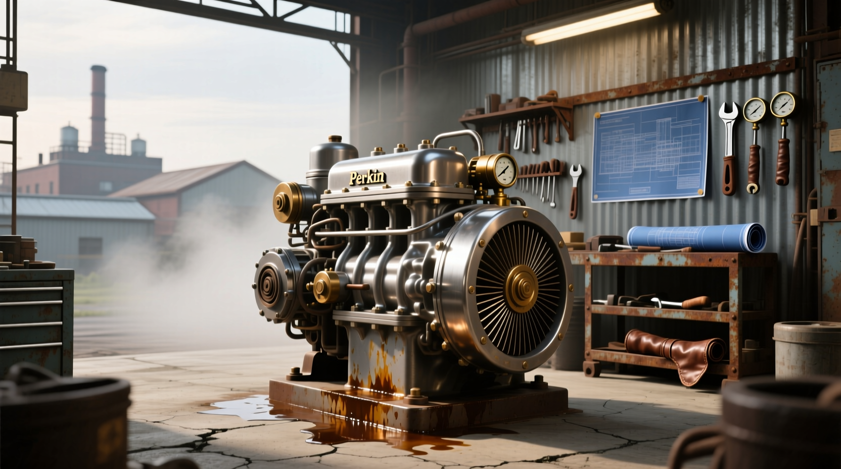 Row of Perkins diesel engines lined up in a warehouse