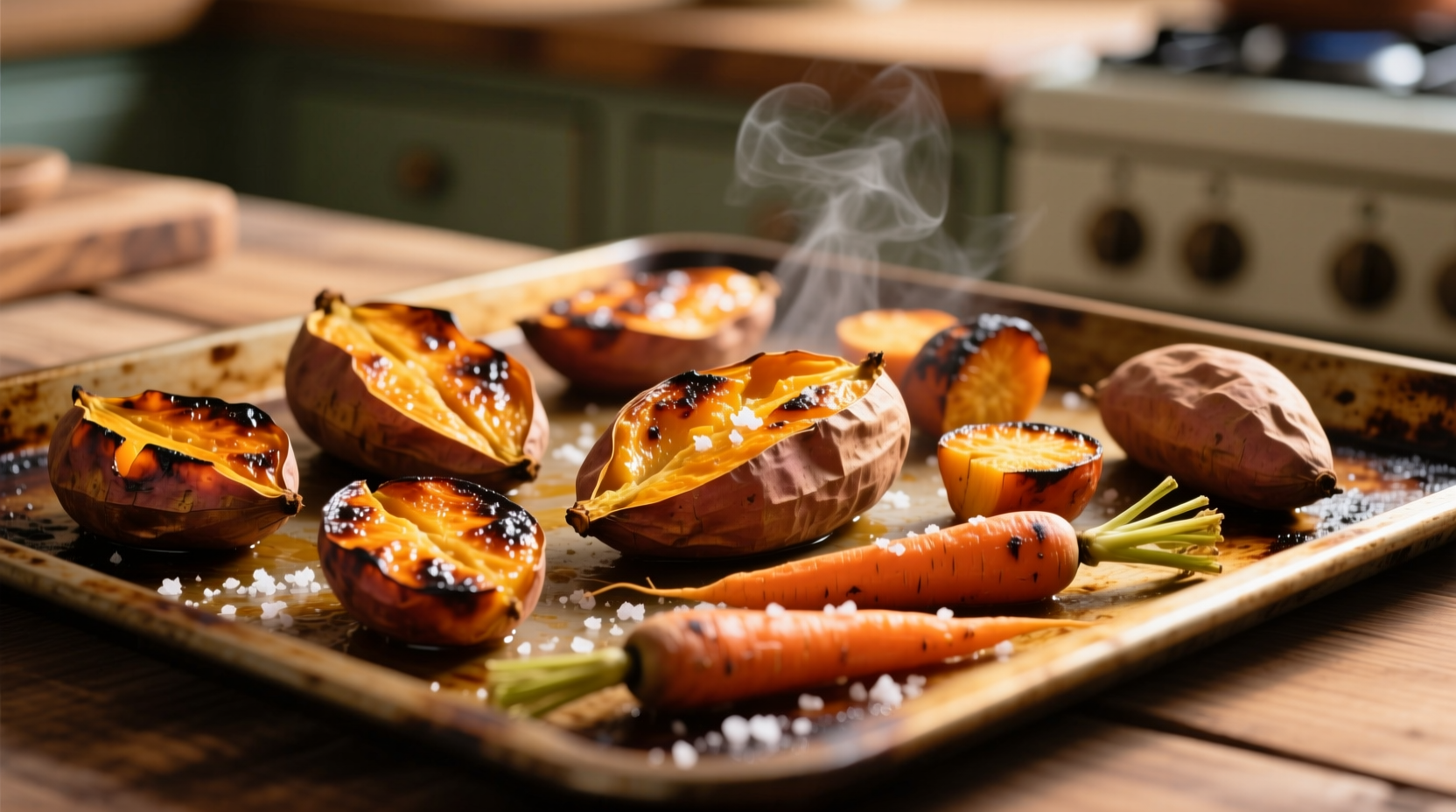 Golden roasted sweet potatoes and carrots on baking sheet showing even browning