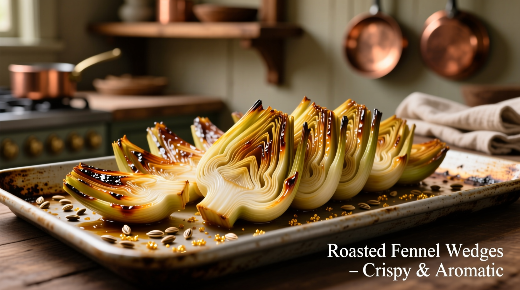 Golden roasted fennel wedges on baking sheet