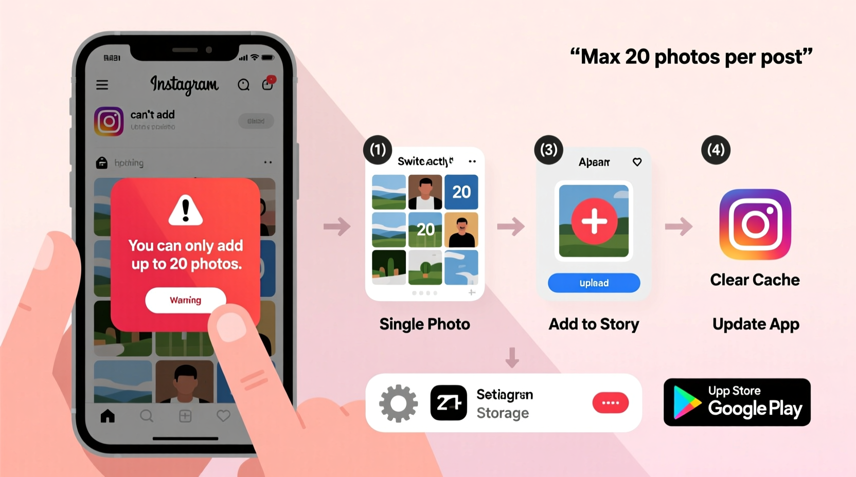 cant add 20 photos on instagram troubleshooting solutions