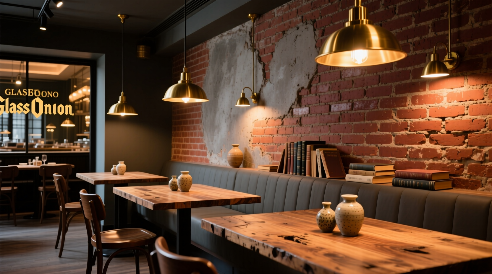 Glass Onion restaurant interior with exposed brick and wooden tables