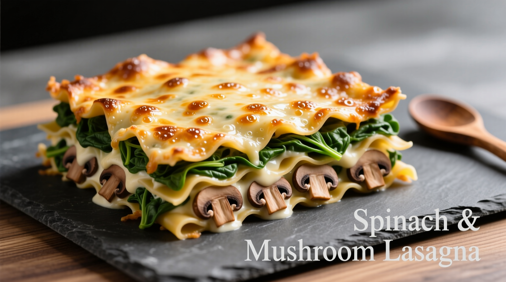 Spinach and mushroom lasagna with melted cheese topping
