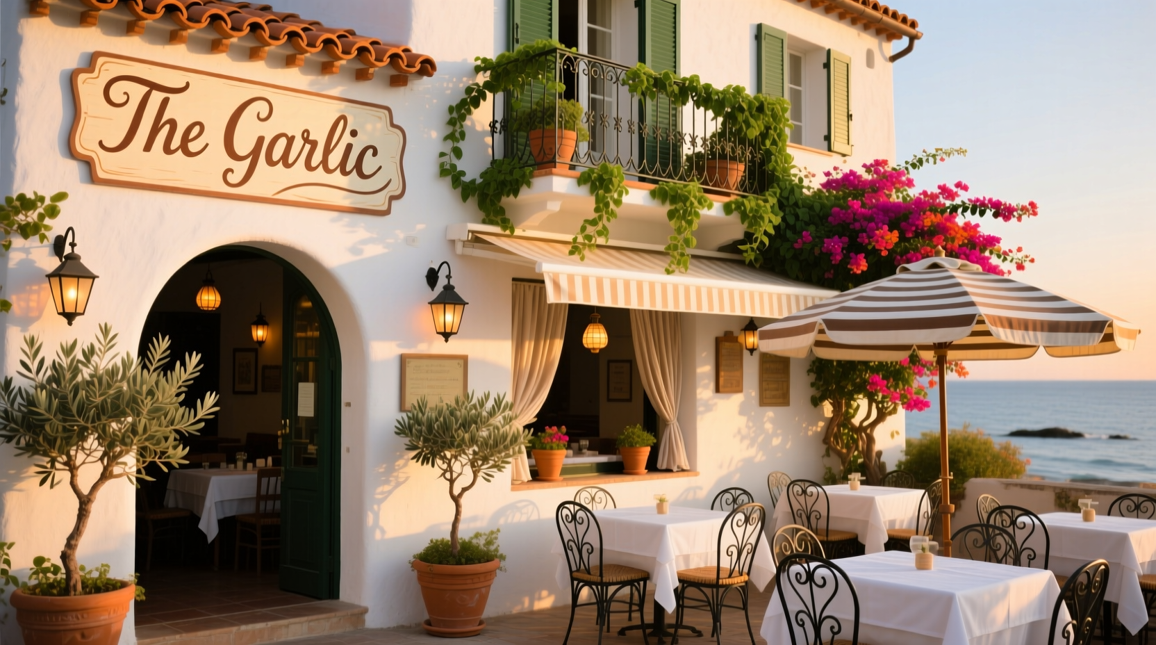 The Garlic restaurant exterior with Mediterranean-inspired decor