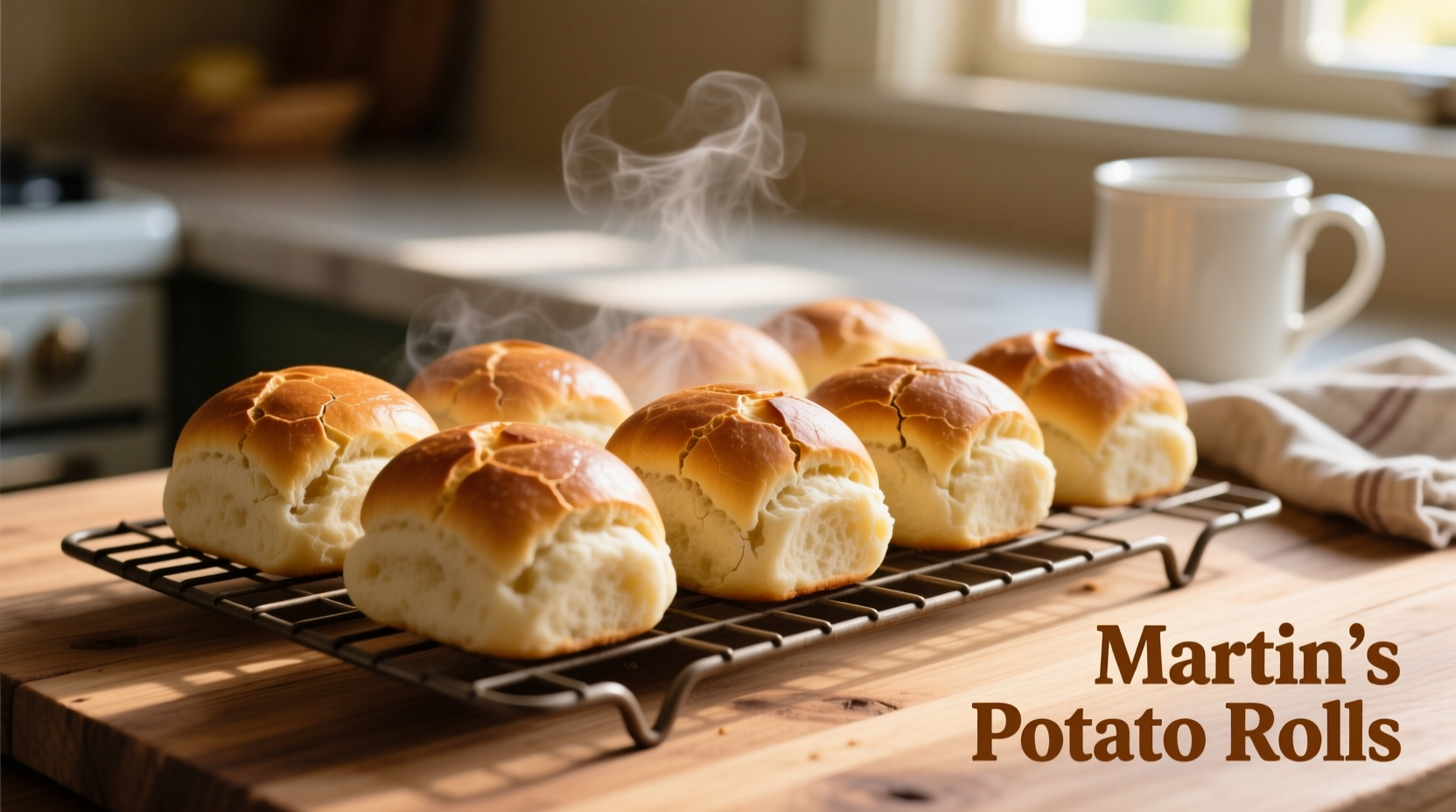 Freshly baked Martin's potato rolls on cooling rack