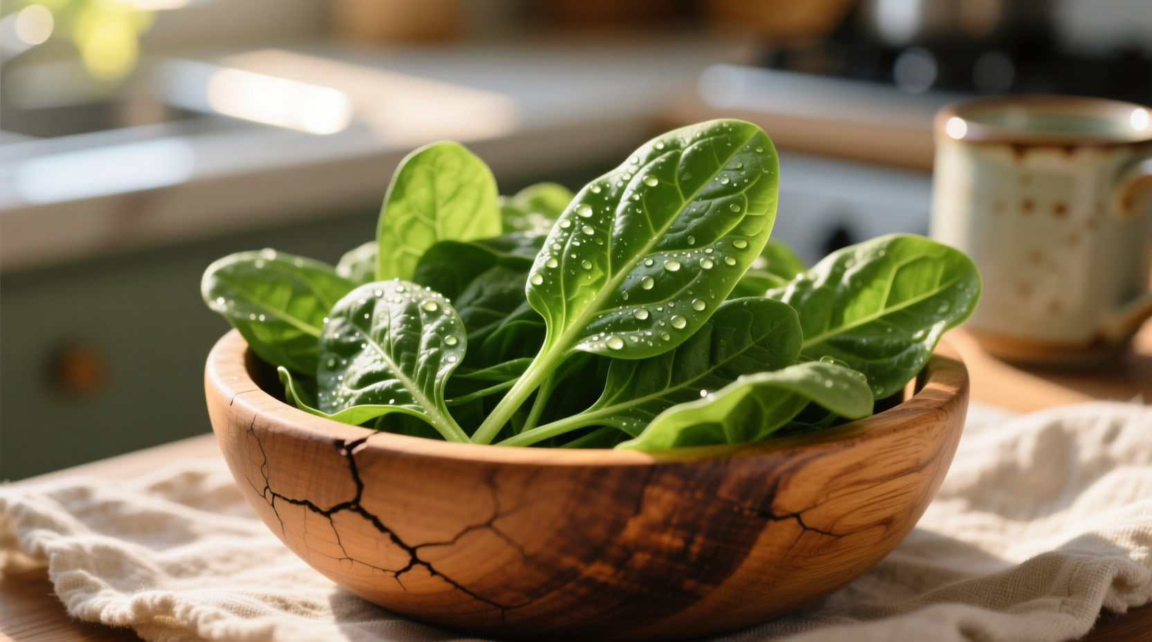Fresh baby spinach leaves in wooden bowl
